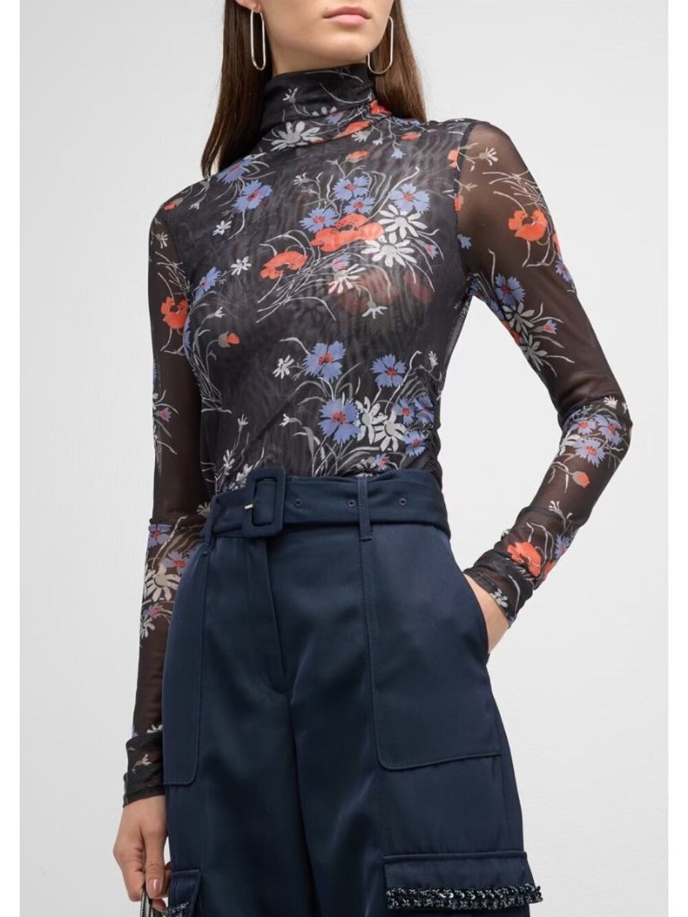 Cinq à Sept Wild Poppy Shirred Mesh Turtleneck Top-sz XL